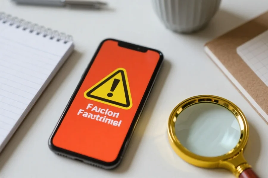 手机屏幕显示防诈骗警告标志，桌面上有放大镜和记事本，象征仔细核查与安全意识