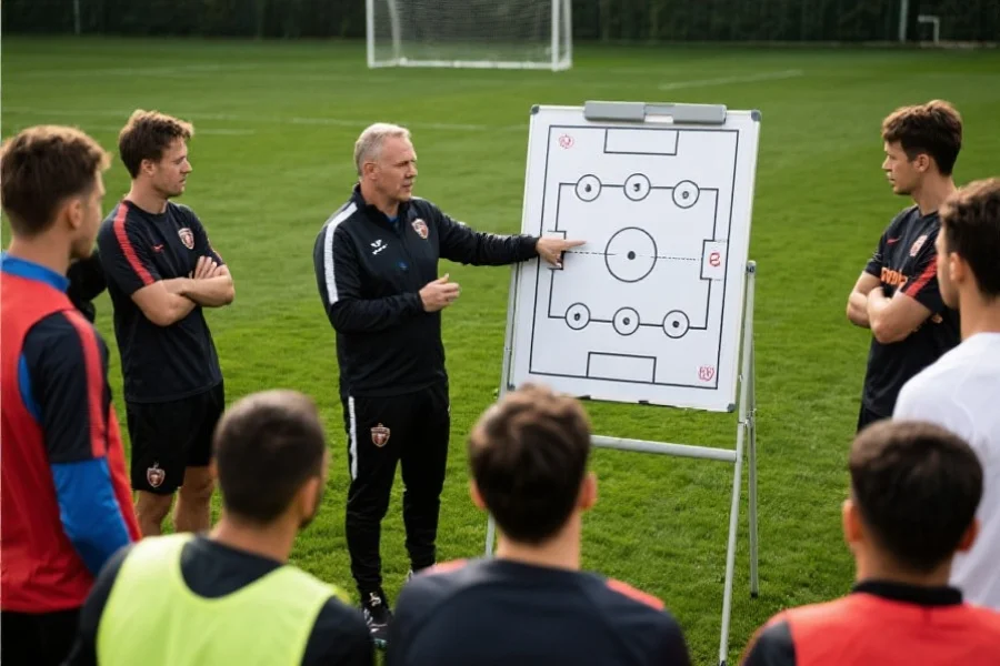 足球教练在战术板前为球员讲解阵型，球员们认真聆听，展现团队氛围