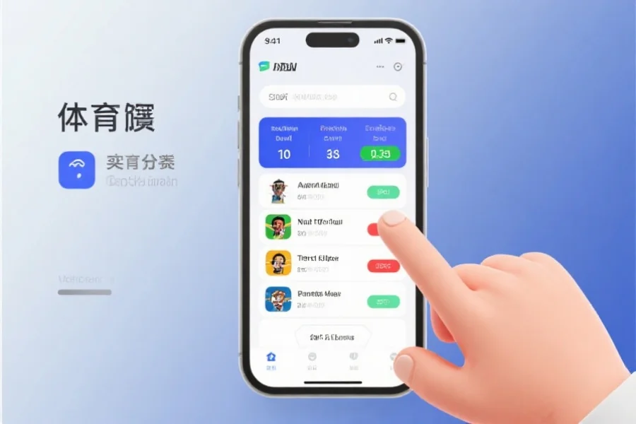 应用界面展示，简洁明快的体育赛事分类和实时比分模块，用户手指轻触屏幕选择比赛