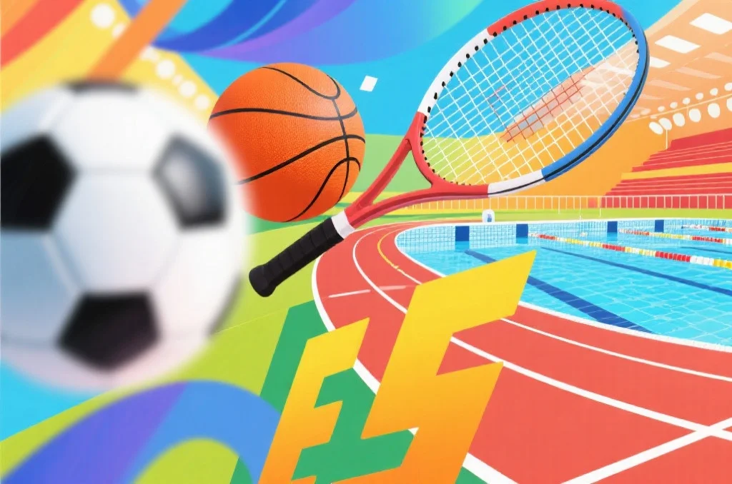 各种体育元素的抽象拼贴画，象征着未来和成功