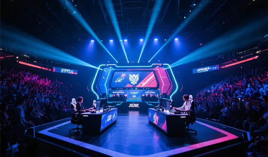 充满未来感的电竞比赛舞台，炫目的灯光和数千名观众，选手正在激烈对战